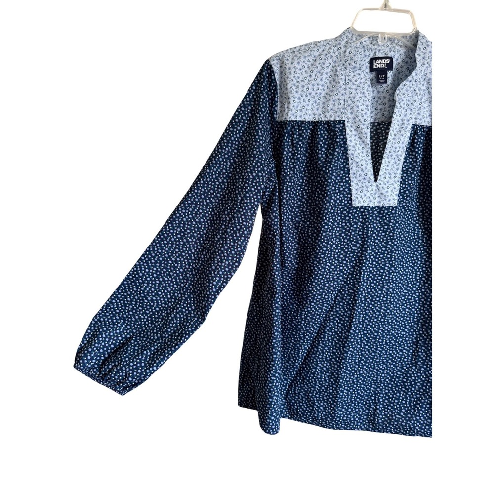 Lands End Womens Navy Blue Floral Cotton Popover Tunic Blouse Large Tall 14-16 - Picture 3 of 8